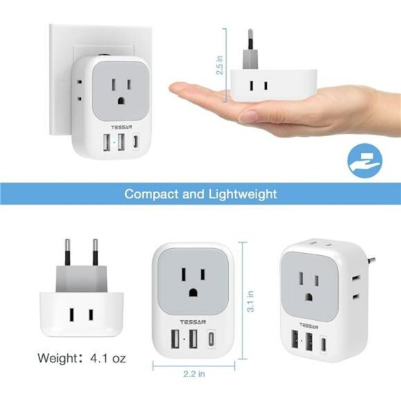Travel Plug Adapter USB C TESSAN International Plug Adapter with 4 AC Outlets a - Picture 6 of 7